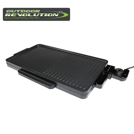 Outdoor Revolution electric grill plate with a sleek design, featuring grilling surface and adjustable temperature settings.