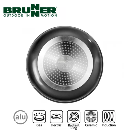 Brunner Pirate Spacemaster Alu 20cm saucepan set showing two lightweight aluminum saucepans with lids and handles.