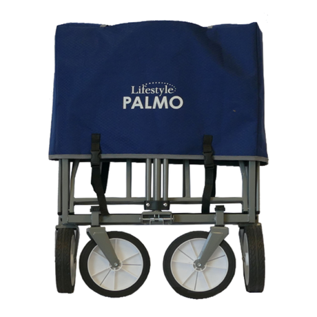 Lifestyle Palmo Wagon with sturdy wooden handles and spacious green fabric basket for versatile outdoor use.