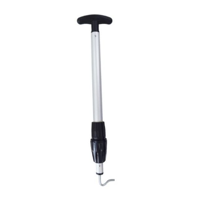Adjustable peg puller tool in silver with a handle, measuring 43cm to 60cm, designed for removing pegs efficiently.