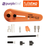 Purpleline Nemesis Plus Wheel Lock with a purple body and robust design for enhanced vehicle security.