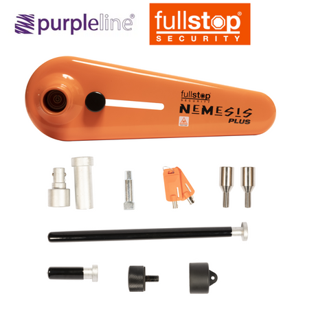 Purpleline Nemesis Plus Wheel Lock with a purple body and robust design for enhanced vehicle security.