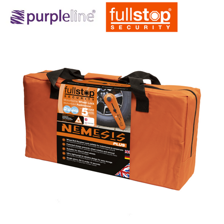 Purpleline Nemesis Plus Wheel Lock with a bright purple finish, designed for securing wheels and providing enhanced vehicle protection.