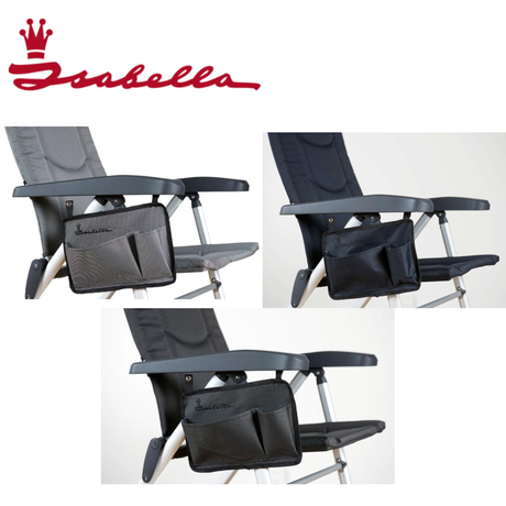 Isabella chair side pocket in dark grey, light grey, and blue, showing a fabric pocket attached to a chair side for storage.