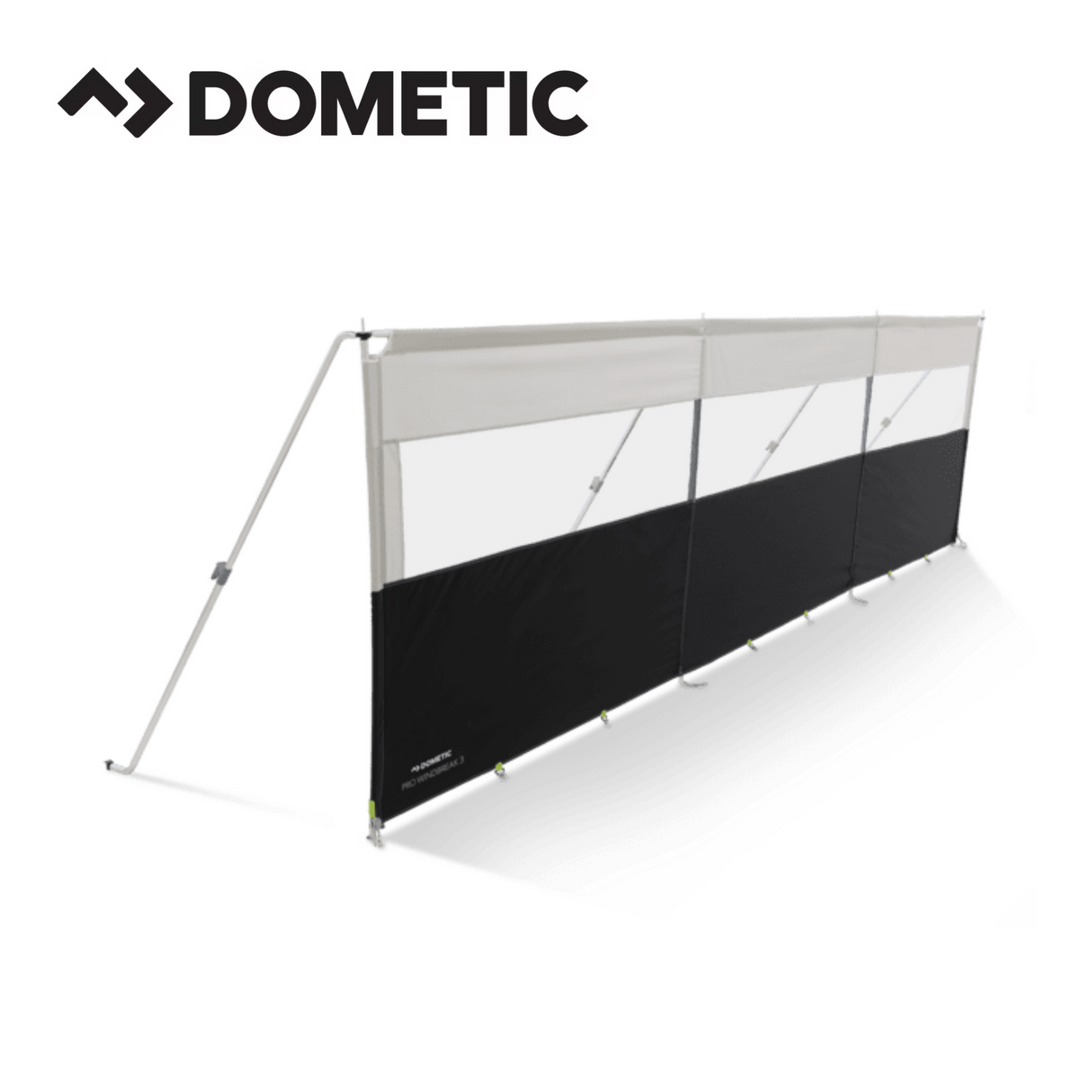 Dometic Pro Poled Windbreak set up with poles, providing shelter and privacy in an outdoor camping setting.
