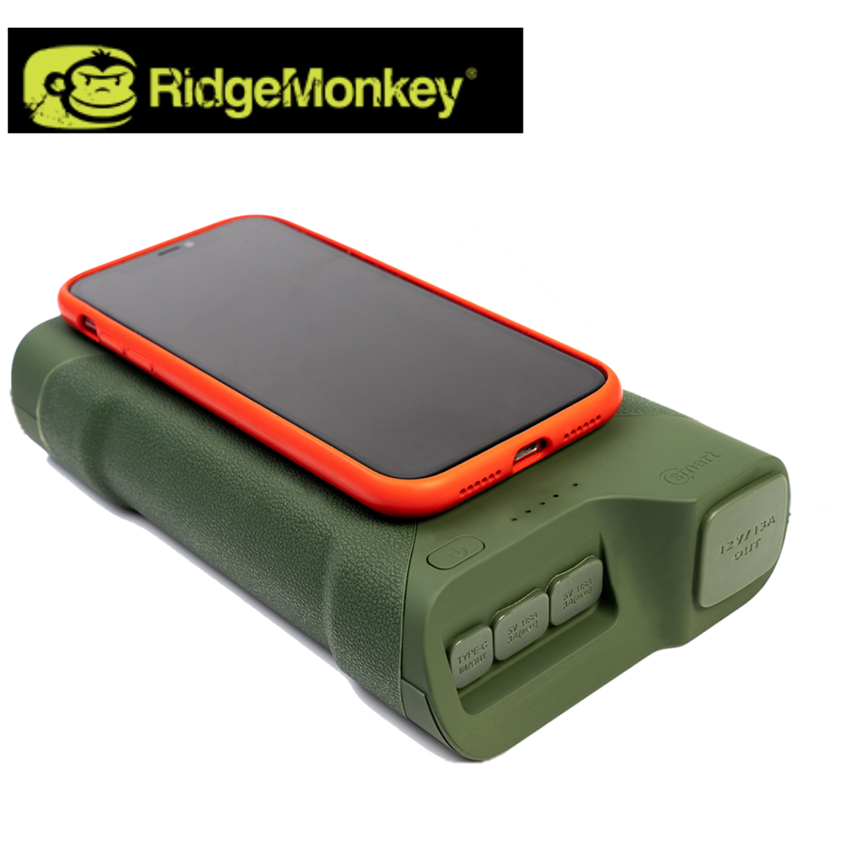 RidgeMonkey Vault C-Smart wireless charger with 42150mAh power bank, featuring multiple charging ports and compact design.