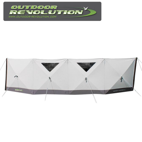 Outdoor Revolution Pronto PC 4 Panel Windbreak set up in a grassy area, showcasing its sturdy construction and design.