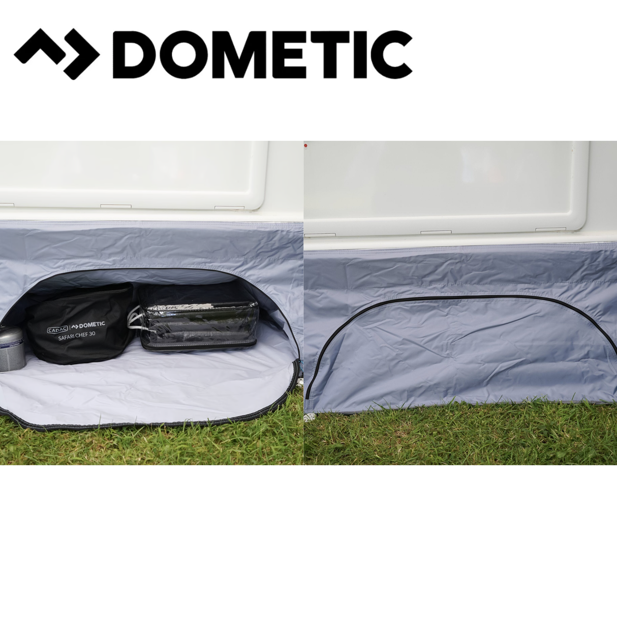 Dometic Pro Organiser Shirt awning skirt attached to a camping tent, showing durable fabric and secure installation.