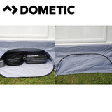 Dometic Pro Organiser Shirt awning skirt attached to a camping tent, showing durable fabric and secure installation.