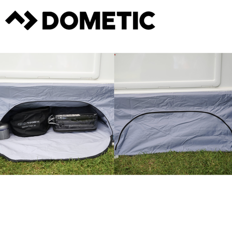 Dometic Pro Organiser Shirt awning skirt attached to a camping tent, showing durable fabric and secure installation.