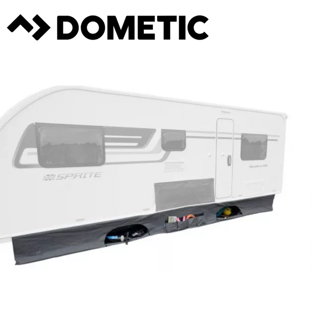 Dometic Pro Organiser Shirt awning skirt displayed with fabric and attachment details for camping or RV setup.