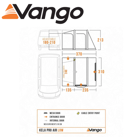 Vango Kela Pro Air Low Driveaway Awning with spacious design and air beams set up beside a campervan in a scenic outdoor setting.