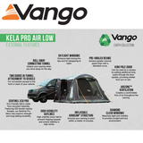 Vango Kela Pro Air Low Driveaway Awning with spacious interior and inflatable structure, set up beside a campervan.
