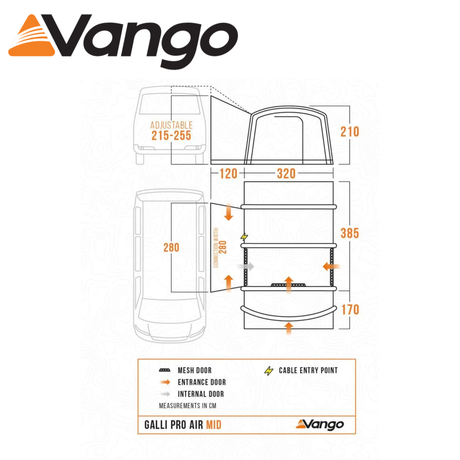 Vango Galli Air Pro Mid Driveaway Awning set up beside a campervan, showcasing spacious living area and ventilation.