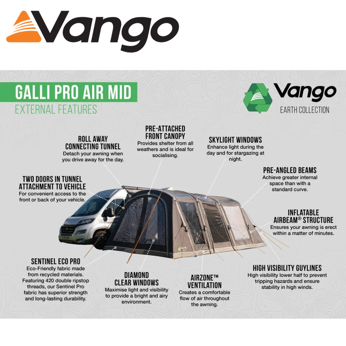 Vango Galli Air Pro Mid Driveaway Awning set up beside a campervan in a scenic outdoor setting.