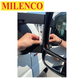 Milenco short arm mirror protector for Fiat, Citroen, and Peugeot vehicles from 2007 onwards, showcasing a durable design.
