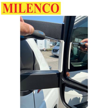 Milenco short arm mirror protector for Fiat, Citroen, Peugeot vehicles from 2007 onwards, showcasing durable design.