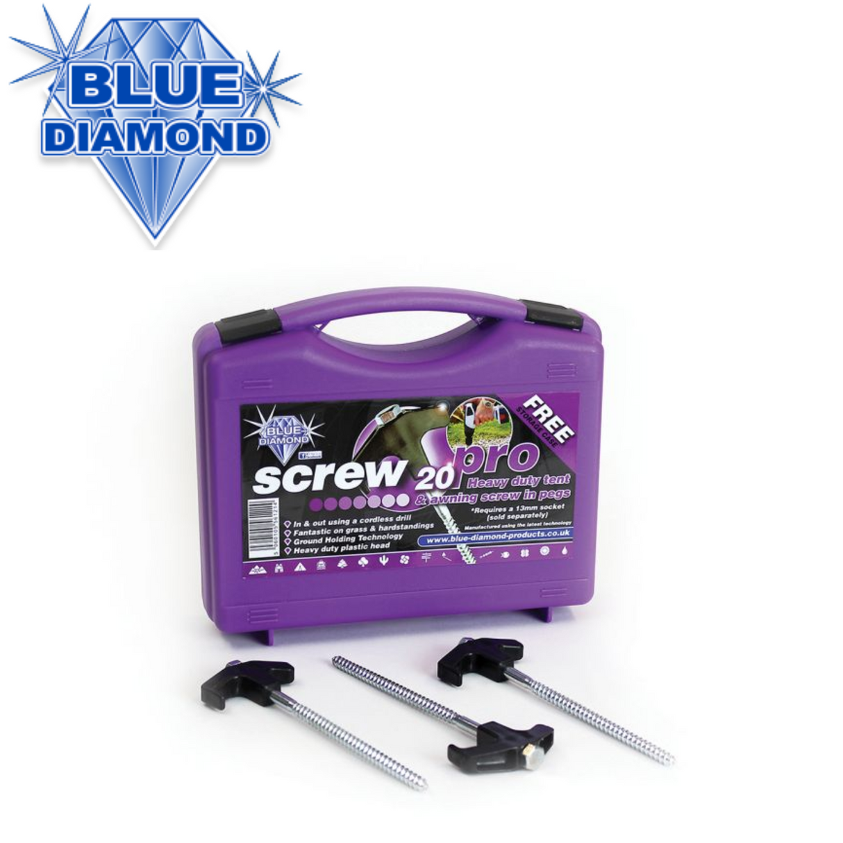 Blue Diamond Screw In Pro Heavy Duty Pegs in a pack of 20, showcasing strong metal construction and durable design.