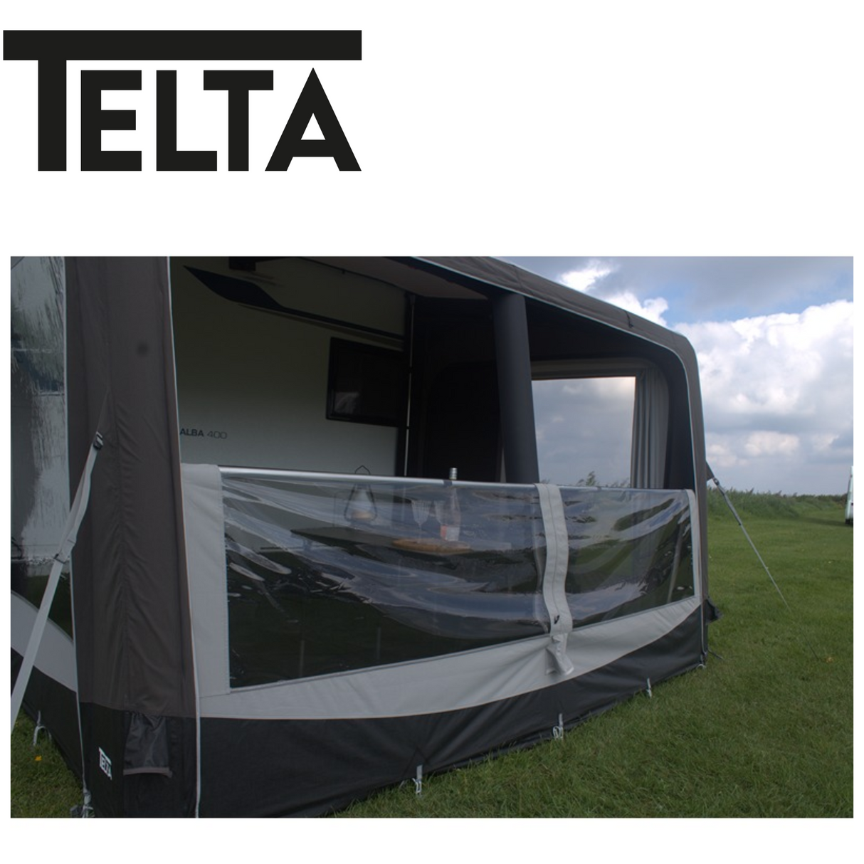 Telta Pure 330 Air Porch Awning set up in a backyard, showcasing its spacious design and sturdy frame.