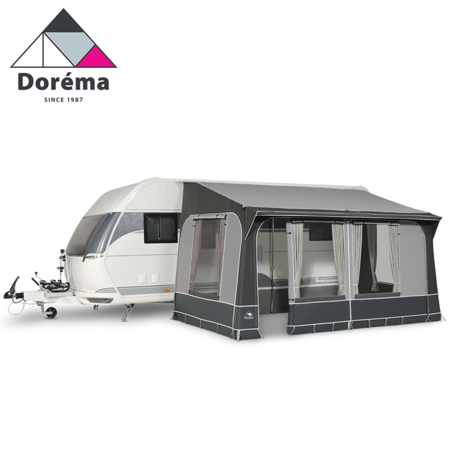 Dorema Quartz 400 Deluxe porch awning showcasing its durable fabric and spacious design for outdoor use.