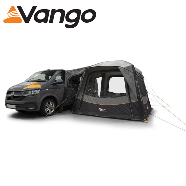 Vango Quadris Air Low Driveaway Awning set up beside a campervan, showcasing its spacious interior and durable design.