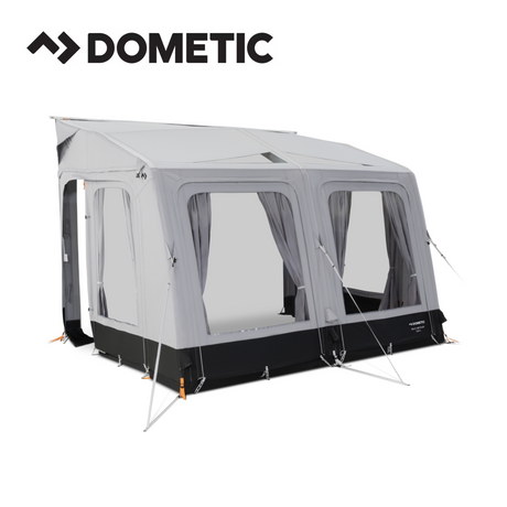 Dometic Rally Air Tour 260 air awning set up in a campsite, showcasing its spacious design and sturdy structure.