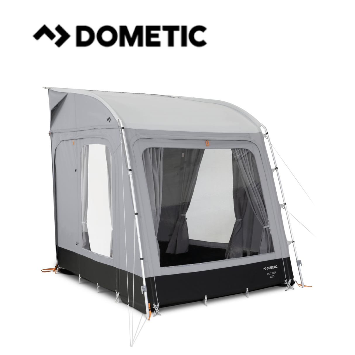 Dometic Rally Tour poled awning set up with adjustable poles and a spacious canopy in a scenic outdoor setting.