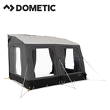 Dometic Rally Air Stay 260s awning attached to a camper van, showcasing its fabric and air frame setup for outdoor shade.