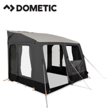 Dometic Rally Air Stay 260s awning installed on a camper, showcasing its spacious fabric canopy and air frame support system.