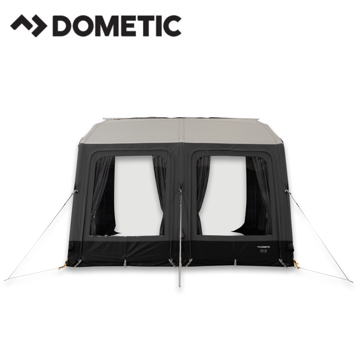 Dometic Rally Air Stay 260s awning attached to a camper, showcasing its fabric canopy and inflatable frame for outdoor shade.