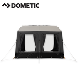 Dometic Rally Air Stay 260s awning attached to a camper, showcasing its fabric canopy and inflatable frame for outdoor shade.