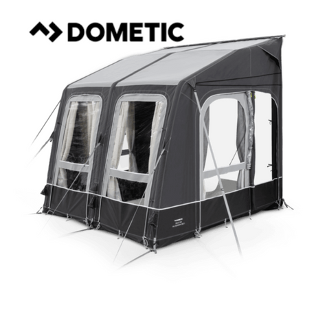 Dometic Rally Air All Season 260 Air Awning set up outside, showcasing its spacious design and durable fabric.