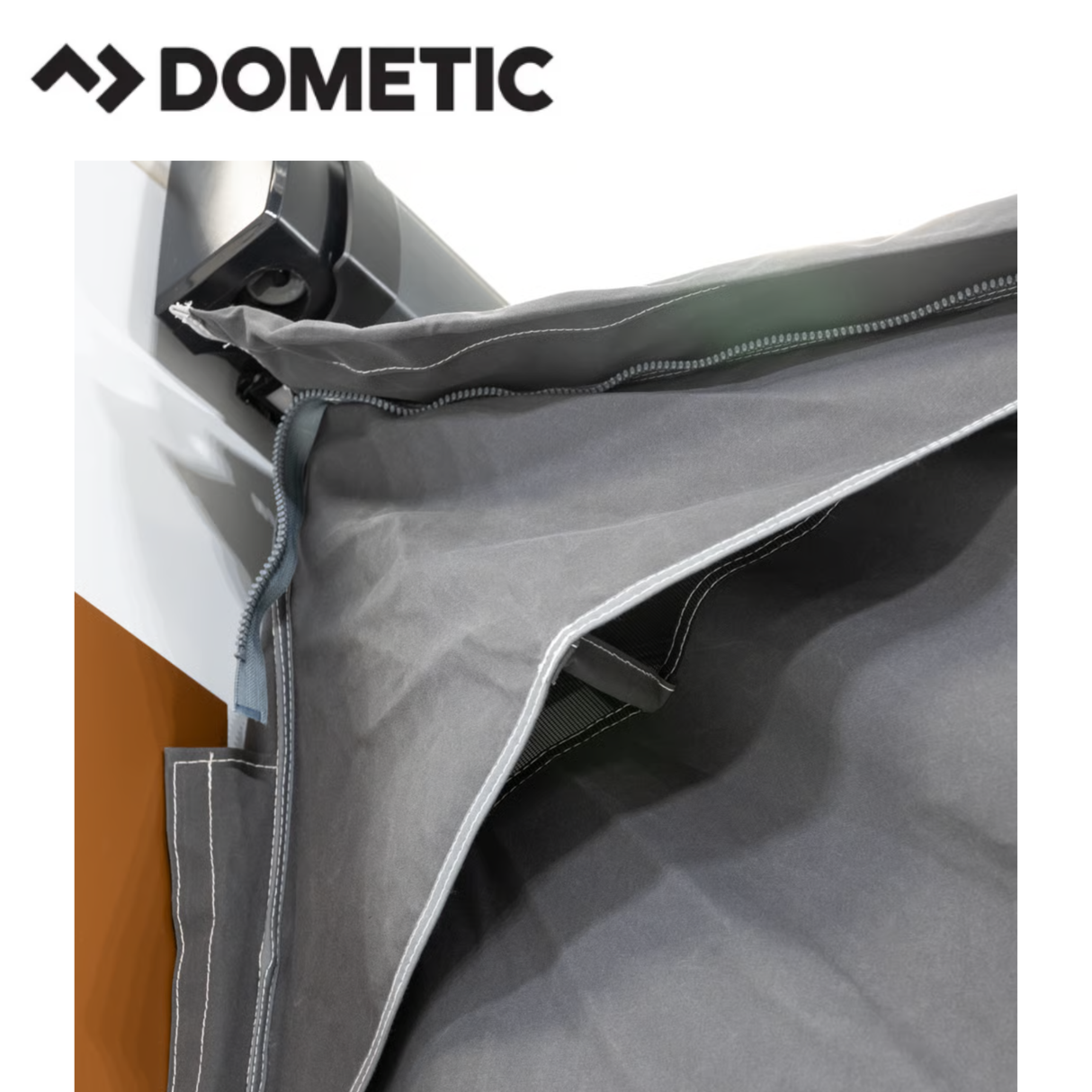 Dometic Rally Air Stay 260s awning attached to a camper van, showcasing its fabric and airframe structure for outdoor shading.