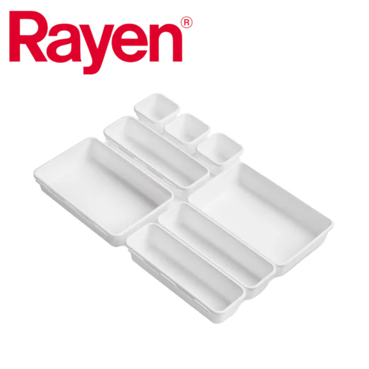 Rayen modular drawer organizer trays with multiple compartments for kitchen or office storage.
