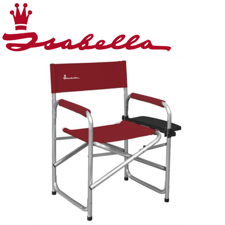 Isabella director chair with grey or red fabric seat and backrest, featuring a sturdy metal frame and foldable design.