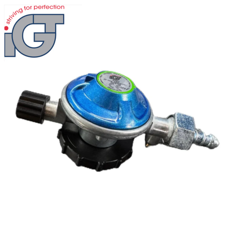 IGT butane regulator for Campingaz 907, 904, and 901 bottles, shown in black with adjustment knob and connection port.