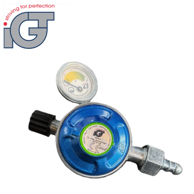 IGT butane regulator with gauge for Campingaz 907, 904, and 901 gas cylinders, showing pressure dial and connection fittings.