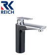 Reich Vector single mixer tap in chrome and black finish, showcasing sleek design and functional spout.