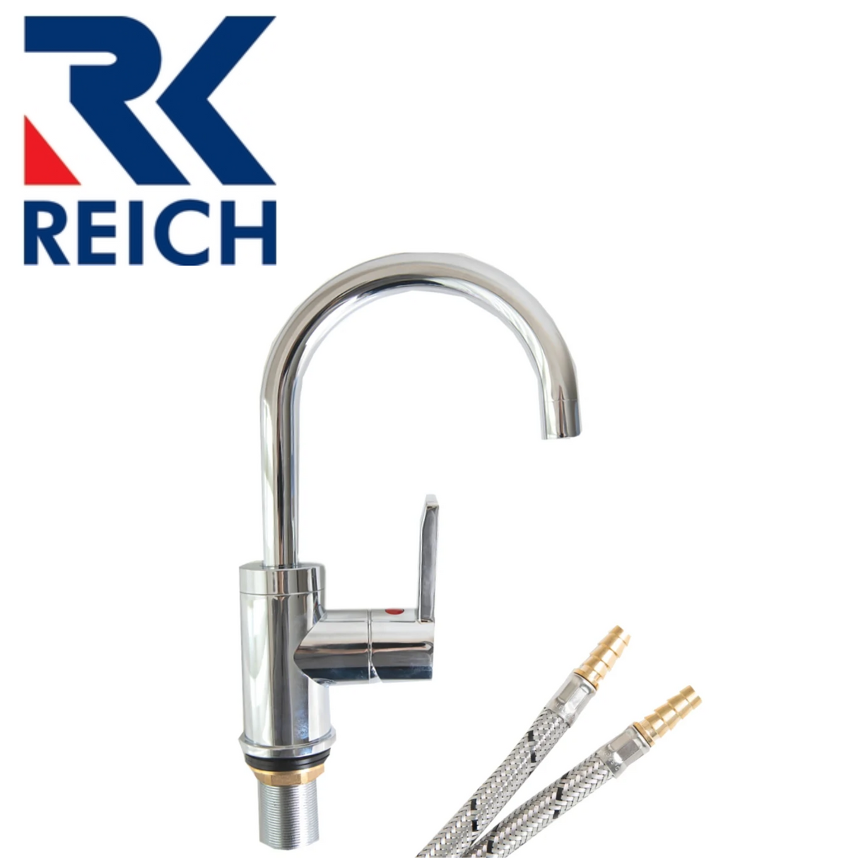 Reich Caraflo Swan Neck Mixer Tap with pressure switch, featuring a sleek design and curved neck for easy use.