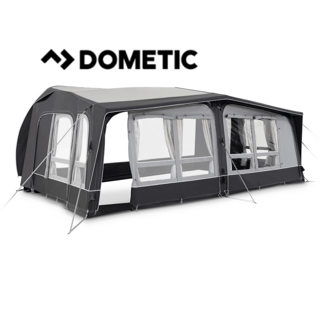 Dometic Residence Air All Season Awning set up in a backyard, showcasing its spacious design and sturdy structure.