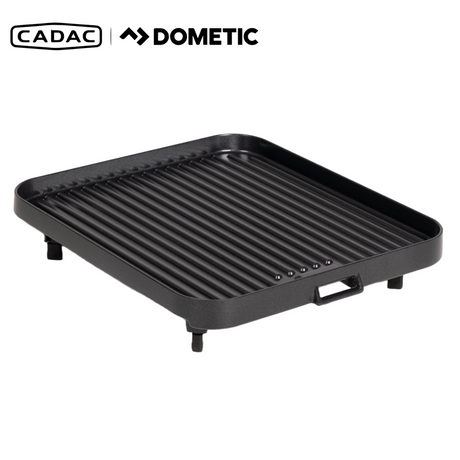 Cadac 2 Cook 3 Ribbed Grill Plate showcasing its ribbed cooking surface and sturdy design for grilling.