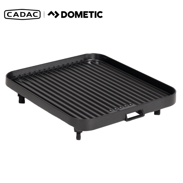 Cadac 2 Cook 3 Ribbed Grill Plate showcasing its ribbed cooking surface and sturdy design for grilling.