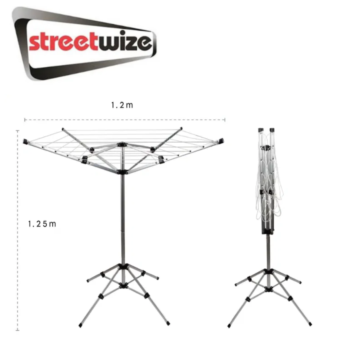 Streetwize 4-arm rotary clothes airer with adjustable arms and sturdy frame for outdoor drying.