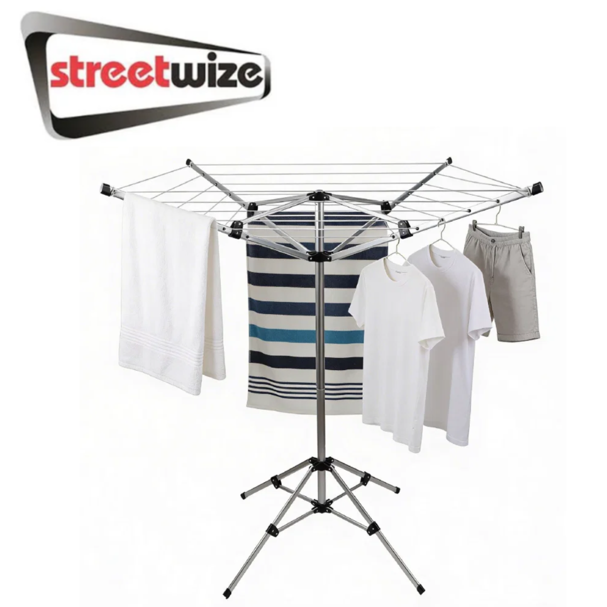 Streetwize 4-arm rotary clothes airer with adjustable arms and sturdy frame for outdoor drying.