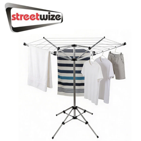 Streetwize 4-arm rotary clothes airer with adjustable arms and sturdy frame for outdoor drying.