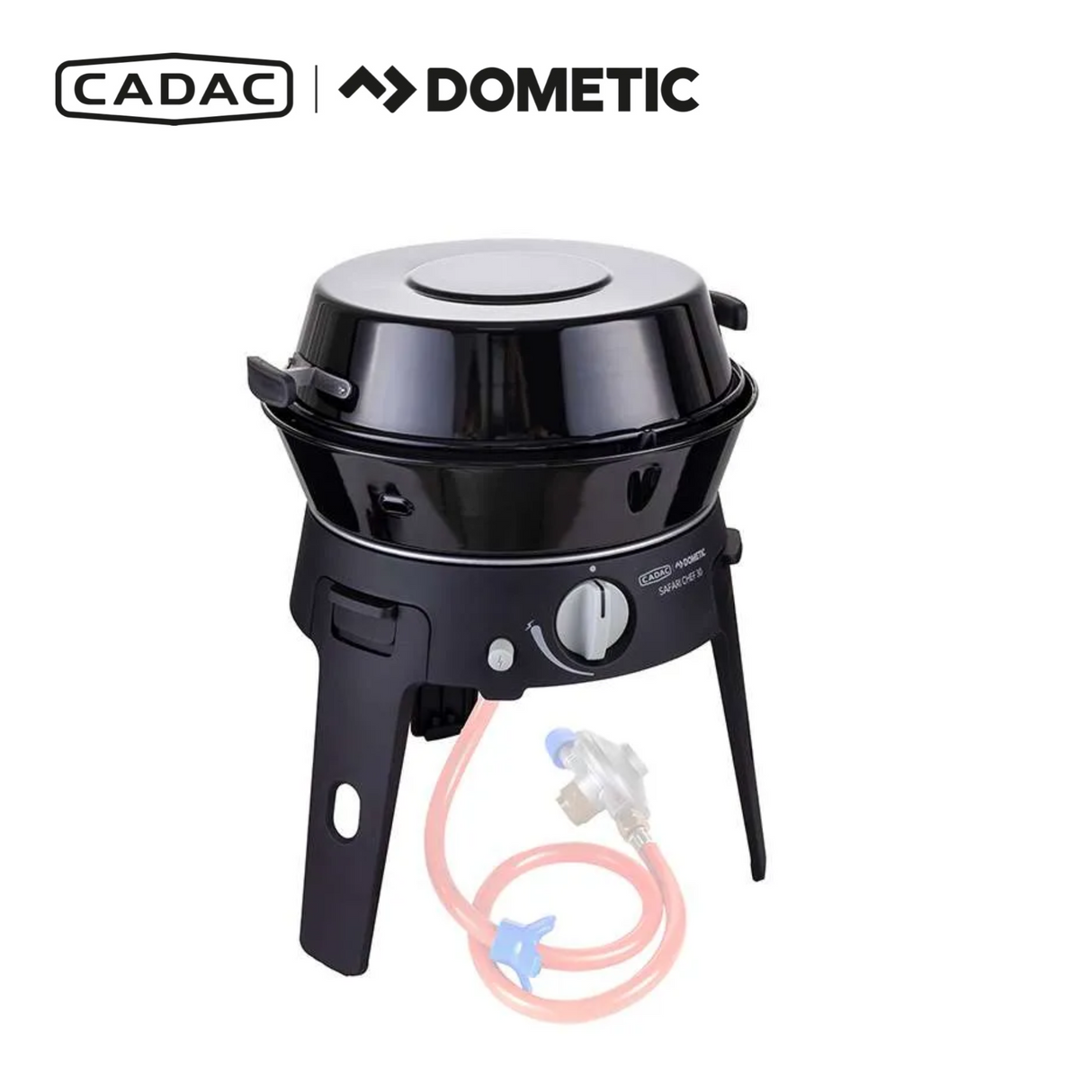 Cadac Dometic Safari Chef 30 LP Deluxe gas BBQ with QR, featuring a compact design and multiple cooking surfaces.