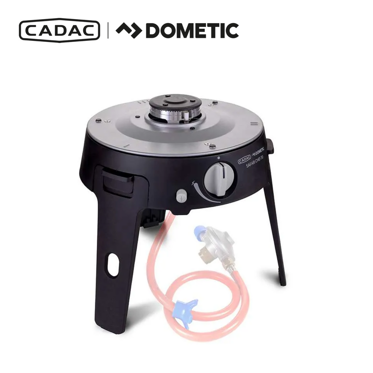 Cadac Dometic Safari Chef 30 LP Deluxe gas BBQ with lid, grill, and integrated handle, shown in outdoor setting.
