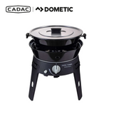 Cadac Dometic Safari Chef 30 LP Deluxe Pro gas BBQ with detachable legs and cooking surfaces, shown in outdoor setting.