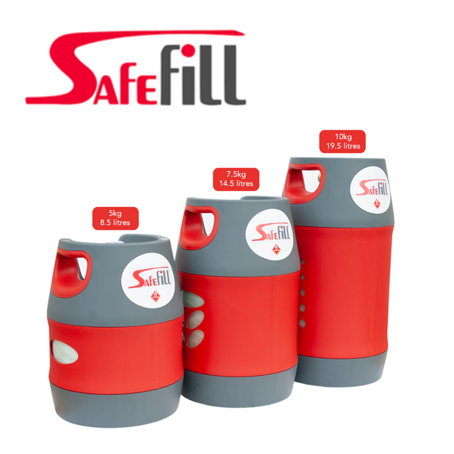 Safefill gas cylinders in 5kg, 7.5kg, or 10kg sizes, featuring secure safety features and durable outdoor-grade design.