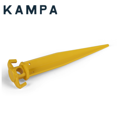 Kampa sand pegs for securing tents and outdoor equipment in sandy ground, shown in the image with sand backdrop.
